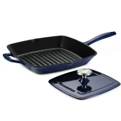 Bestow 11 Inch Enameled Cast-Iron Grill Pan with Press