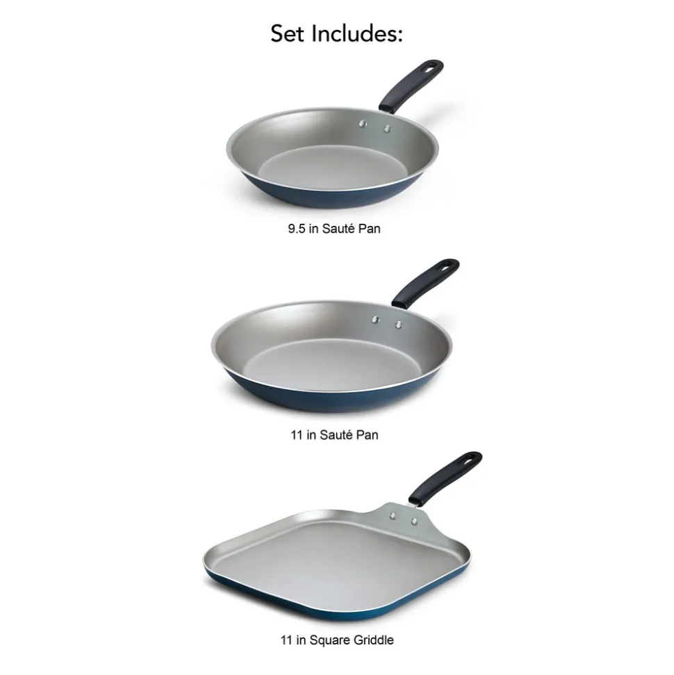 Primaware 3 Piece Nonstick Sauté Pan and Griddle Set, 9.5 and 11 Inch Sauté Pans, and 11 Inch Griddle