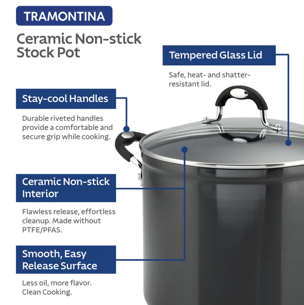 12 Quart Ceramic Nonstick Covered Stock Pot, Charcoal Gray