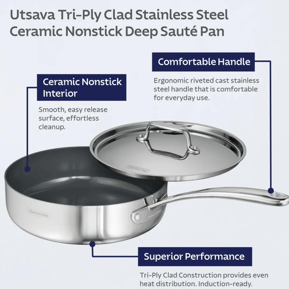 Utsava Tri-Ply Clad 2.9 Qt Covered Deep Sauté Pan with Ceramic Interior